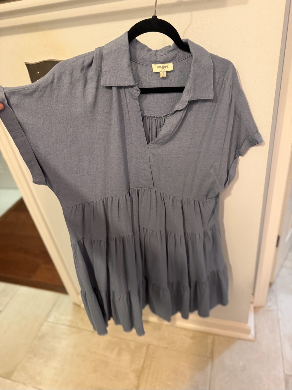 Umgee Dusty Blue Tiered Collared Short Sleeve Tunic